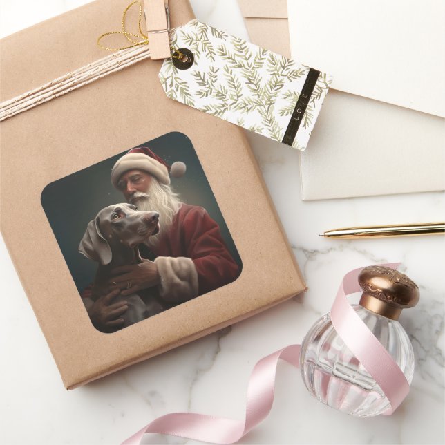 Sticker Carré Weimaraner avec Noël Festif du Père Noël (Cadeaux)