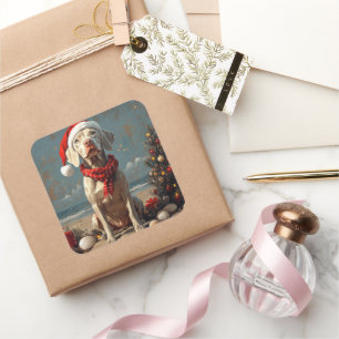 Sticker Carré Weimaraner Chien Noël Plage Vintage