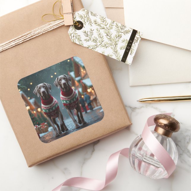 Sticker Carré Weimaraner Dogs Christmas Snow Holiday (Cadeaux)