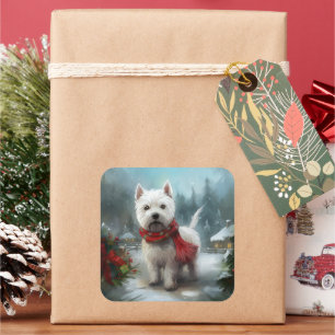 Sticker Carré West Highland White Terrier Dog dans la neige Noël