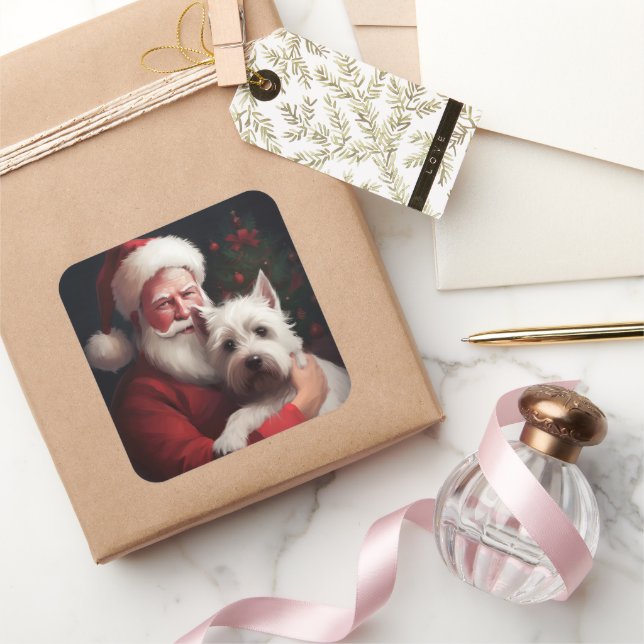 Sticker Carré West Highland White Terrier Santa Claus Noël (Cadeaux)