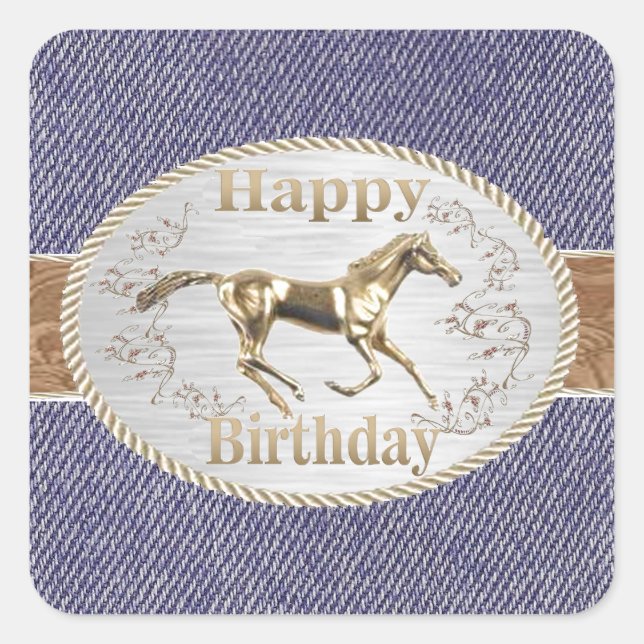 Sticker Carré Western Belt Et Buckle Sur Denim Joyeux Anniversai (Devant)