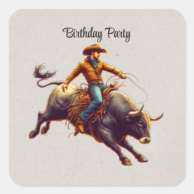 Sticker Carré Western Cowboy Bull Rider fête d'anniversaire (Devant)
