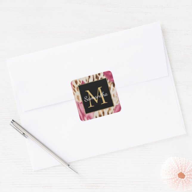 Sticker Carré Western Cowgirl rose or blanc de vache Monogramme (Enveloppe)