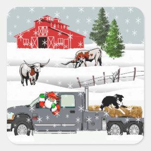 Sticker Carré Western Farm Ranch Père Noël Cattle and Dog