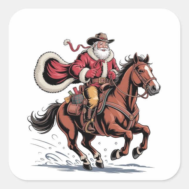 Sticker Carré Western Riding Rodeo Horse Cowboy Santa Christmas (Devant)