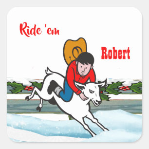 Sticker Carré Western Rodeo Cowboy Kid Mutton Buster Noël
