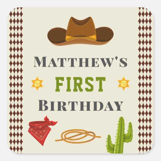 Sticker Carré Western Saloon Cowboy Baby Boy Wild West Anniversa (Devant)