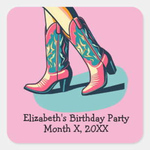 Sticker Carré Western Thème Cowgirl Boots Fille fête d'anniversa