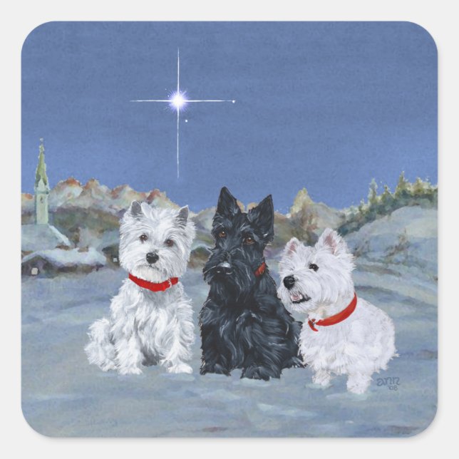 Sticker Carré Westies et un Scottie Christmas (Devant)