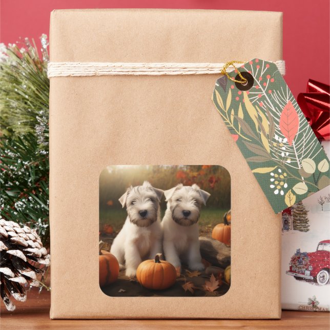 Sticker Carré Wheaten Terrier chiot Automne Citrouille délice (vacances)