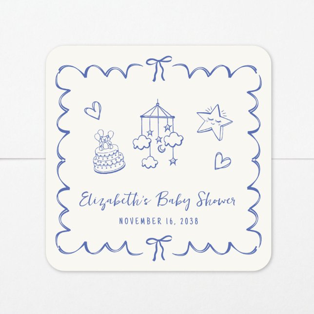 Sticker Carré Whimsical Blue Wavy Frame Baby Boy Douche (Créateur téléchargé)
