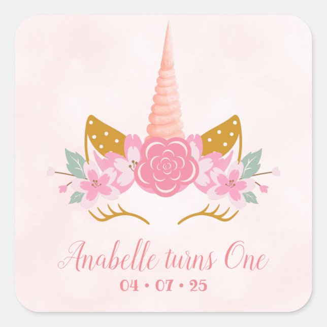 Sticker Carré Whimsical Blush rose Unicorn premier anniversaire (Devant)