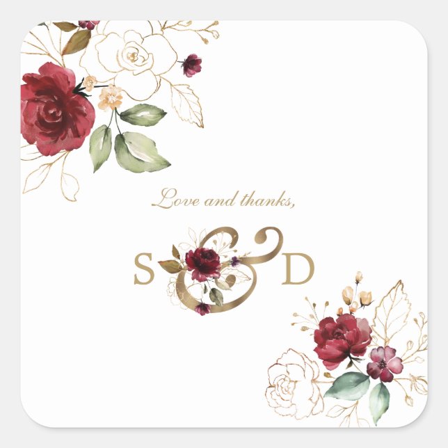 Sticker Carré Whimsical Bourgogne Gold Flowers Monogramme Mariag (Devant)