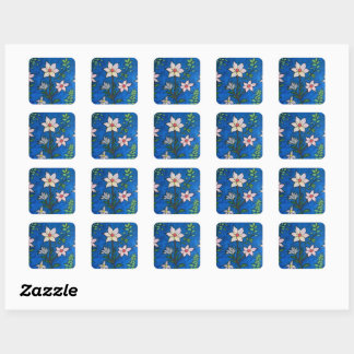 Sticker Carré Whimsical Flowers with Blue Background 