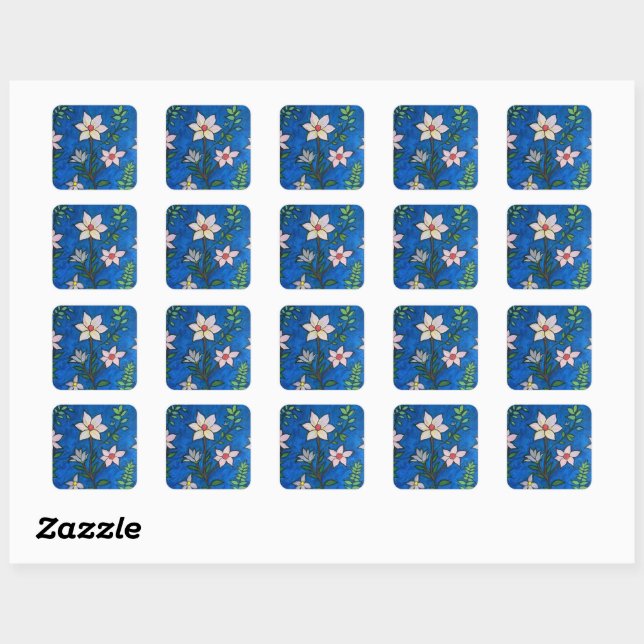 Sticker Carré Whimsical Flowers with Blue Background  (Feuille)