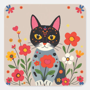 Sticker Carré Whimsical Folk Art Chat noir et fleurs