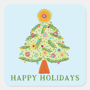 Sticker Carré Whimsical Folk Noël Arbre cadeau PERSONNALISÉ