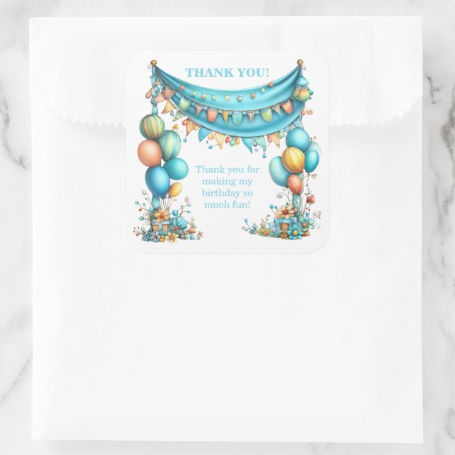 Sticker Carré Whimsical Fun Teal Birthday  (Sac)