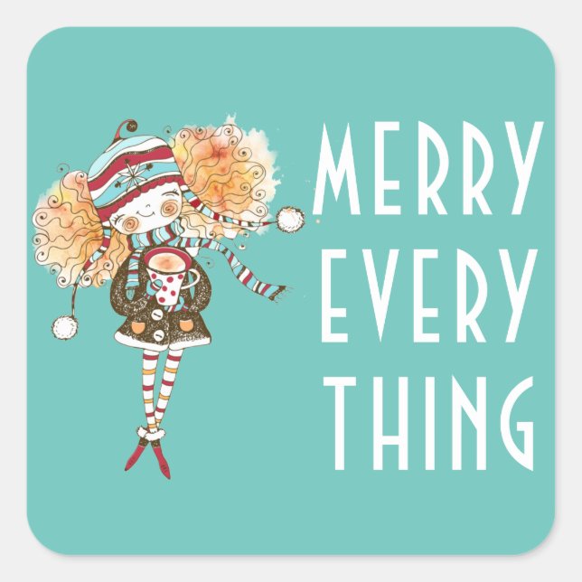 Sticker Carré Whimsical Girl Merry Tout Noël (Devant)