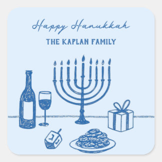 Sticker Carré Whimsical Hand Drawn Hanukkah Party Trendy Custom