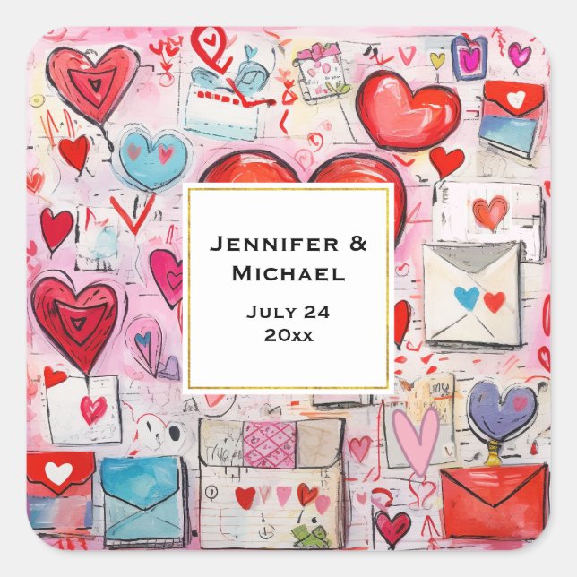 Sticker Carré Whimsical Hearts and Love Lettres Mariage Date (Devant)