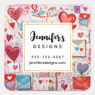 Sticker Carré Whimsical Hearts and Love Lettres Motif Business