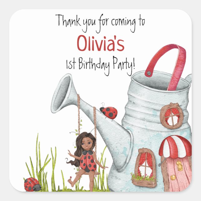 Sticker Carré Whimsical LadyBug Swing Garden House 1er anniversa (Devant)