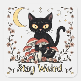 Sticker Carré Whimsical noir cat framed by red mushrooms and pal