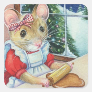 Sticker Carré Whimsical North Pole Gingerbread Baker Mouse Art