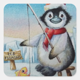 Sticker Carré Whimsical Penguin Ice Fishing Aquarelle Art