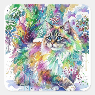 Sticker Carré Whimsical Rainbow Watercolor Fluffy Cat in Winter 