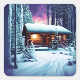 Sticker Carré Whimsical Rustic Cabine En Bois