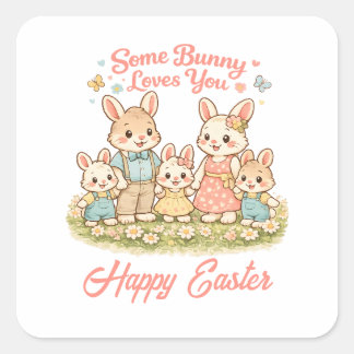 Sticker Carré Whimsical Watercolor Bunny Family Happy Easter