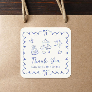 Sticker Carré Whimsical Wavy Frame Baby Boy Shower Merci