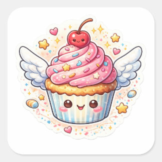 Sticker Carré Whimsical Winged Cupcake – Cute design.