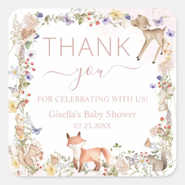 Sticker Carré Whimsical Woodland Animals Wildflower Baby Shower  (Devant)