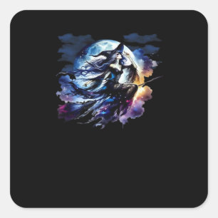 Sticker Carré Whimsigoth Sorcière volant au-dessus de la Pleine