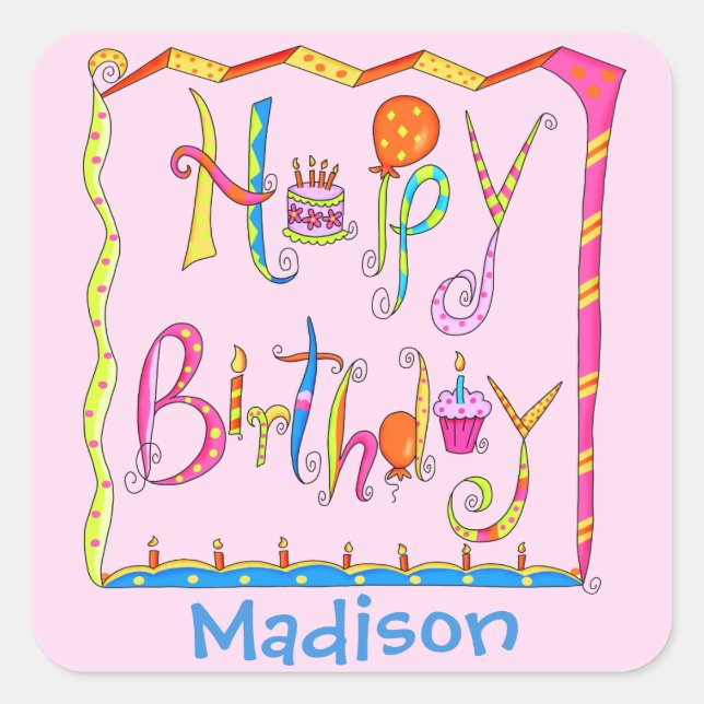 Sticker Carré Whimsy Joyeux Anniversaire Nom Personnalisé Rose (Devant)