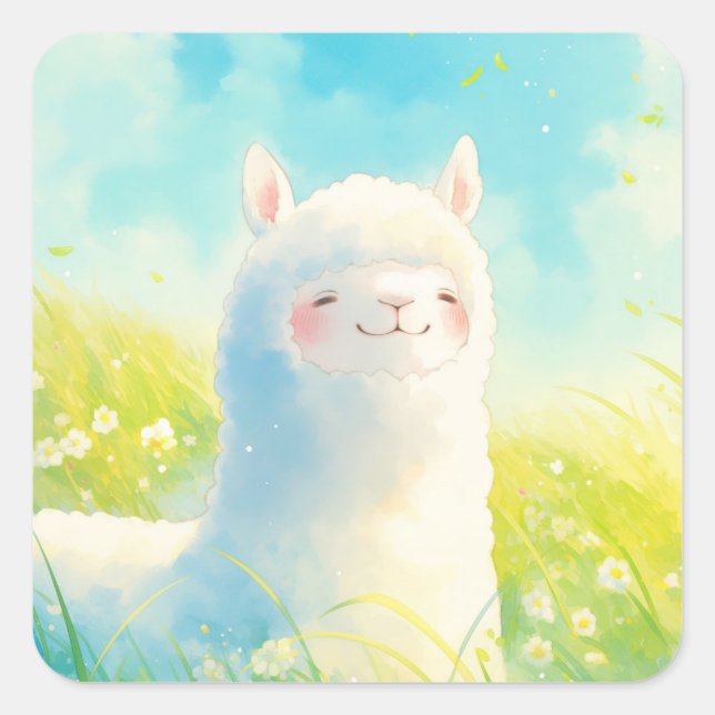Sticker Carré Whispers du printemps avec un Alpaca (Devant)