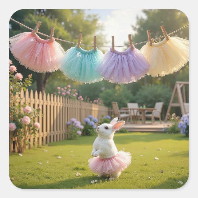 Sticker Carré White Bunny Wearing a Pink Tutu (Devant)