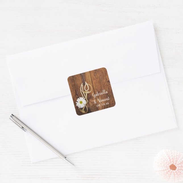 Sticker Carré White Daisy and Horse Bit Country Western Mariage (Enveloppe)