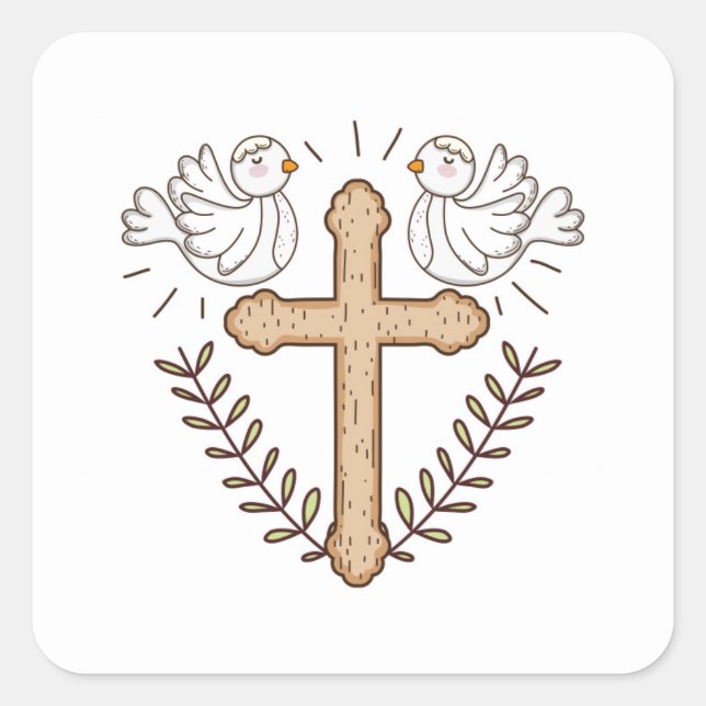 Sticker Carré White Dove Religieux Croix Baptême Christening (Devant)