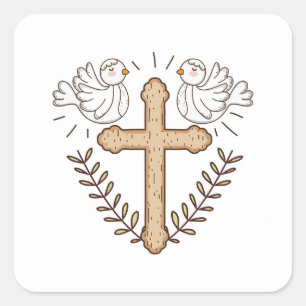 Sticker Carré White Dove Religieux Croix Baptême Christening