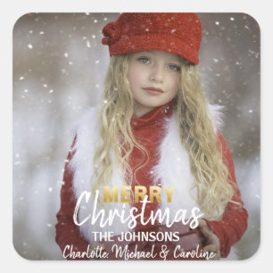 Sticker Carré White Gold Joyeux Noël Famille   PHOTO