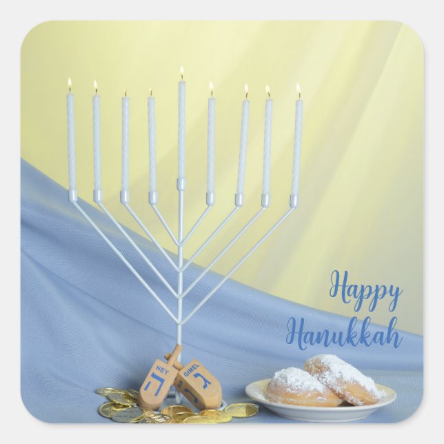 Sticker Carré White Menorah Gold pièces & Dreidels Happy Hanoukk (Devant)