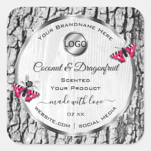 Sticker Carré White Tree Bark Pink Butterfly Produit Logo Étique