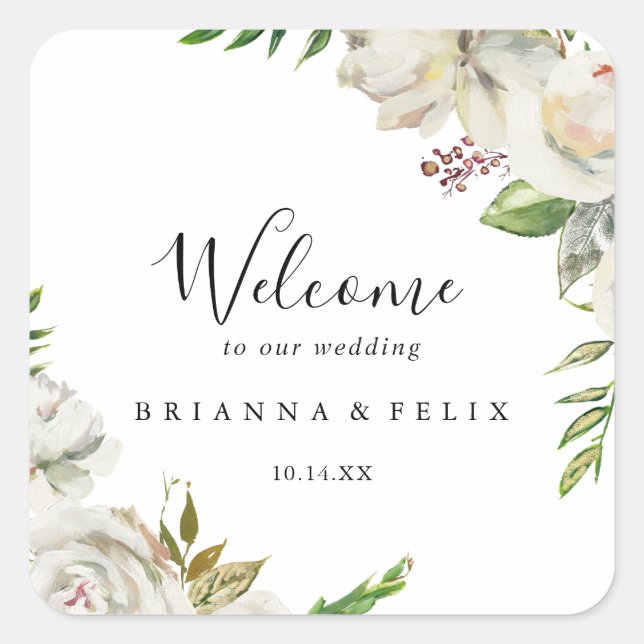 Sticker Carré White Winter Peony Floral Mariage Bienvenue (Devant)