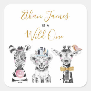 Sticker Carré Wild One Animal Safari Noir Blanc Or Anniversaire