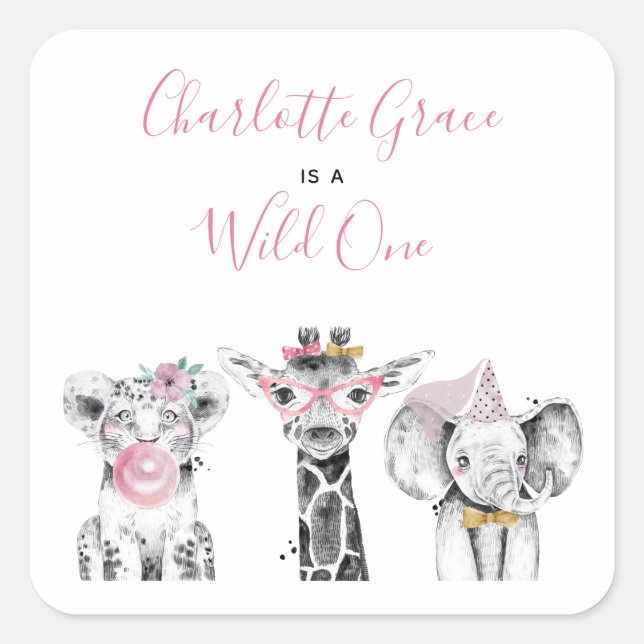 Sticker Carré Wild One Animal Safari noir blanc rose Anniversair (Devant)